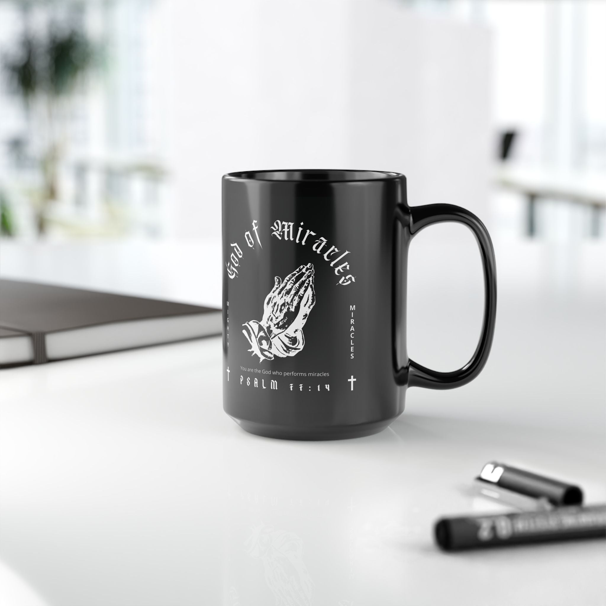 God of Miracles Black Mug