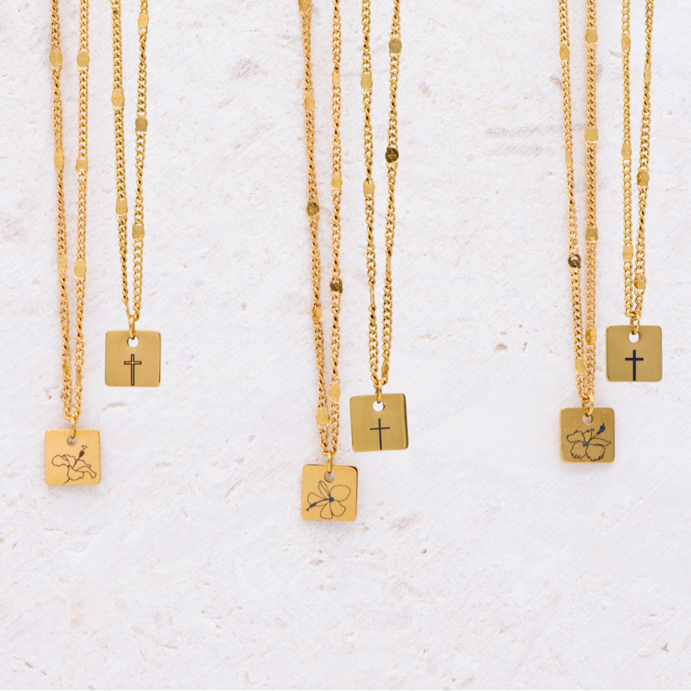 Hibiscus Cross Tag Necklace